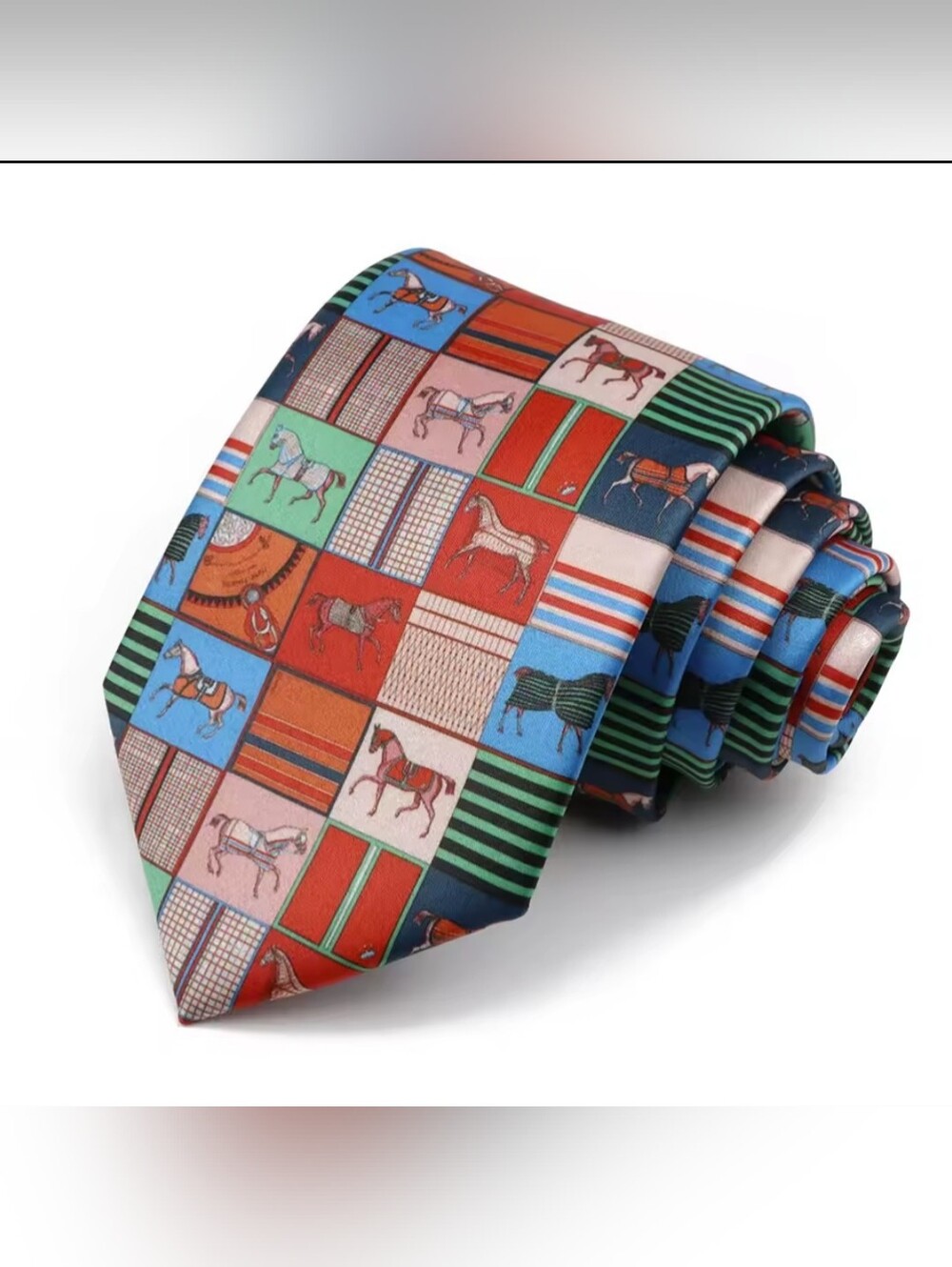 Colorful Equestrian Print Skinny Silk Tie